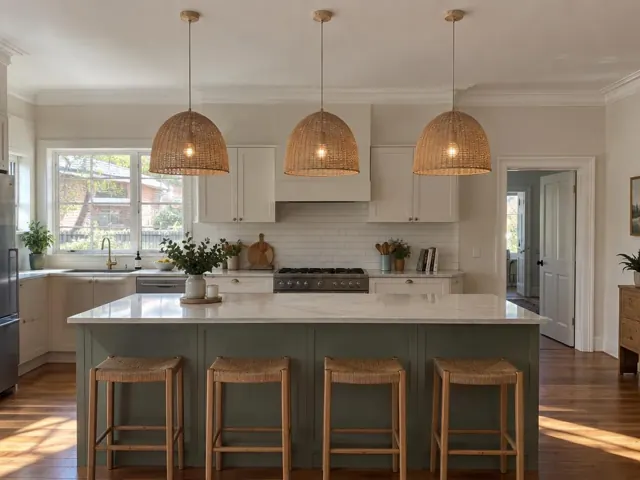 Kitchen with three woven pendant lights above a stone island in a bright home in Maitland